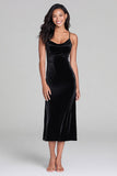 Simple Black Sheath Spaghetti Straps Midi Holiday Dress