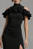 Sheath High Neck Ruffled Black Tie Dress With Slit