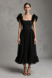 Black A-Line Midi Formal Dress With Ruffles