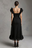 Black A-Line Midi Formal Dress With Ruffles