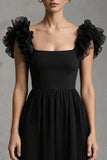 Black A-Line Midi Formal Dress With Ruffles