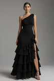 One Shoulder A Line Tiered Ruffle Black Tie Dress With Slit