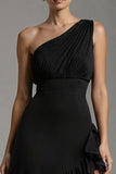 One Shoulder A Line Tiered Ruffle Black Tie Dress With Slit