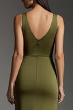 Olive V-Neck Sheath Maxi Formal Dress With Slit