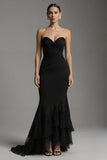 Strapless Black Ruched Mermaid Long Formal Dress