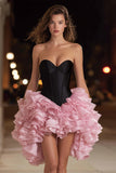 Sweetheart Black Pink Corset Homecoming Dress With Ruffles