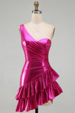 Metallic Gold Bodycon One Shoulder Homecoming Dress With Ruffles