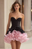 Black and Pink A-Line Strapless Homecoming Dress With Ruffles