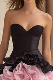 Black and Pink A-Line Strapless Homecoming Dress With Ruffles