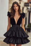 Black A-Line V-Neck Tiered Mini Homecoming Dress