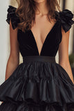 Black A-Line V-Neck Tiered Mini Homecoming Dress