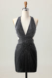 Halter Beaded Bodycon Black Homecoming Dress