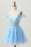 Blue A Line Appliqued Corset Homecoming Dress With Sequins