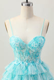 Blue Green Printed Tiered A Line Homecoming Dress with Appliques