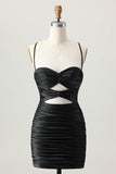 Cut Out Spaghetti Straps Ruched Tight Black Homecoming Dress