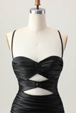 Cut Out Spaghetti Straps Ruched Tight Black Homecoming Dress