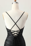 Cut Out Spaghetti Straps Ruched Tight Black Homecoming Dress