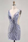 Sparkly Lilac V-Neck Bodycon Homecoming Dress