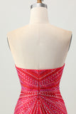 Tight Strapless Beaded Red Homecoming Dress With Slit