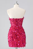 Fuchsia Corset Strapless Beaded Homecoming Dress with Sequins