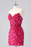 Fuchsia Corset Strapless Beaded Homecoming Dress with Sequins