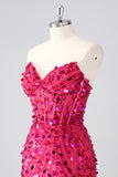 Fuchsia Corset Strapless Beaded Homecoming Dress with Sequins
