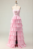Pink Strapless Tiered Beaded A-Line Prom Dress With Slit