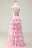 Pink Strapless Tiered Beaded A-Line Prom Dress With Slit