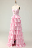 Pink Strapless Tiered Beaded A-Line Prom Dress With Slit