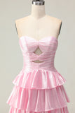 Pink Strapless Tiered Beaded A-Line Prom Dress With Slit