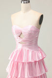 Pink Strapless Tiered Beaded A-Line Prom Dress With Slit
