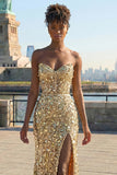 Sparkly Golden Strapless Corset Maxi Prom Dress
