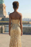 Sparkly Golden Strapless Corset Maxi Prom Dress