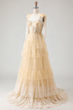 Corset A-Line Beaded Apricot Prom Dress With Lace Up Back