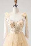 Corset A-Line Beaded Apricot Prom Dress With Lace Up Back