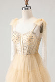 Corset A-Line Beaded Apricot Prom Dress With Lace Up Back