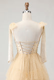 Corset A-Line Beaded Apricot Prom Dress With Lace Up Back