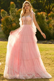 Pink A Line Corset Ruffled Prom Dress with Rhinestones