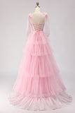 Corset A-Line Beaded Apricot Prom Dress With Lace Up Back