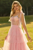Pink A Line Corset Ruffled Prom Dress with Rhinestones