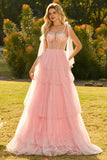 Pink A Line Corset Ruffled Prom Dress with Rhinestones