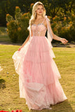 Pink A Line Corset Ruffled Prom Dress with Rhinestones