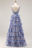 Sparkly Tiered Corset Bowed Appliqued Grey Blue Prom Dress