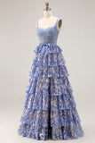 Sparkly Tiered Corset Bowed Appliqued Grey Blue Prom Dress