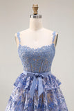 Sparkly Tiered Corset Bowed Appliqued Grey Blue Prom Dress