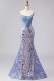 Grey Blue Sequin Mermaid Corset Strapless Prom Dress