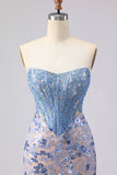 Grey Blue Sequin Mermaid Corset Strapless Prom Dress