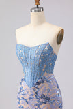 Grey Blue Sequin Mermaid Corset Strapless Prom Dress
