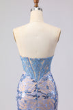 Grey Blue Sequin Mermaid Corset Strapless Prom Dress