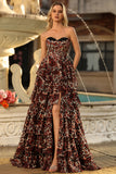 Corset Brown Leopard Strapless Tiered A-Line Prom Dress With Slit